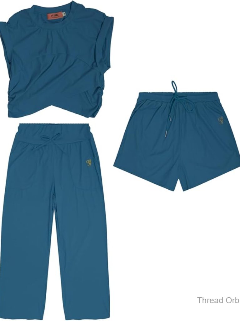 X-Large 3-Piece Set Ruched Top Wide Leg Pants Shorts Gym Lounge Travel